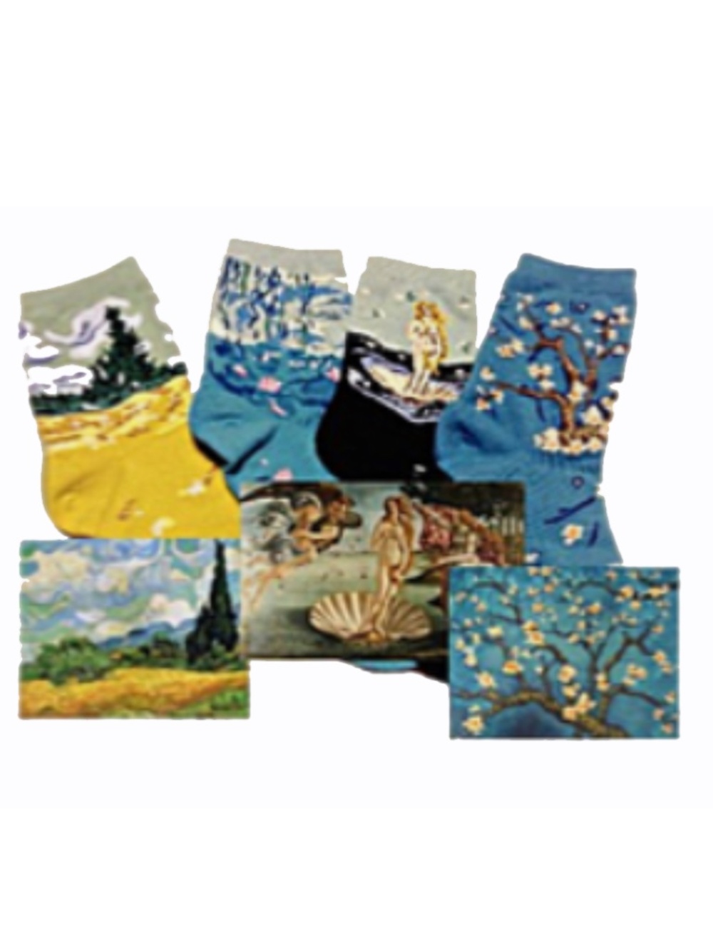 4 Masterpiece Painting Socks - Van Gogh, Botticelli, Monet
